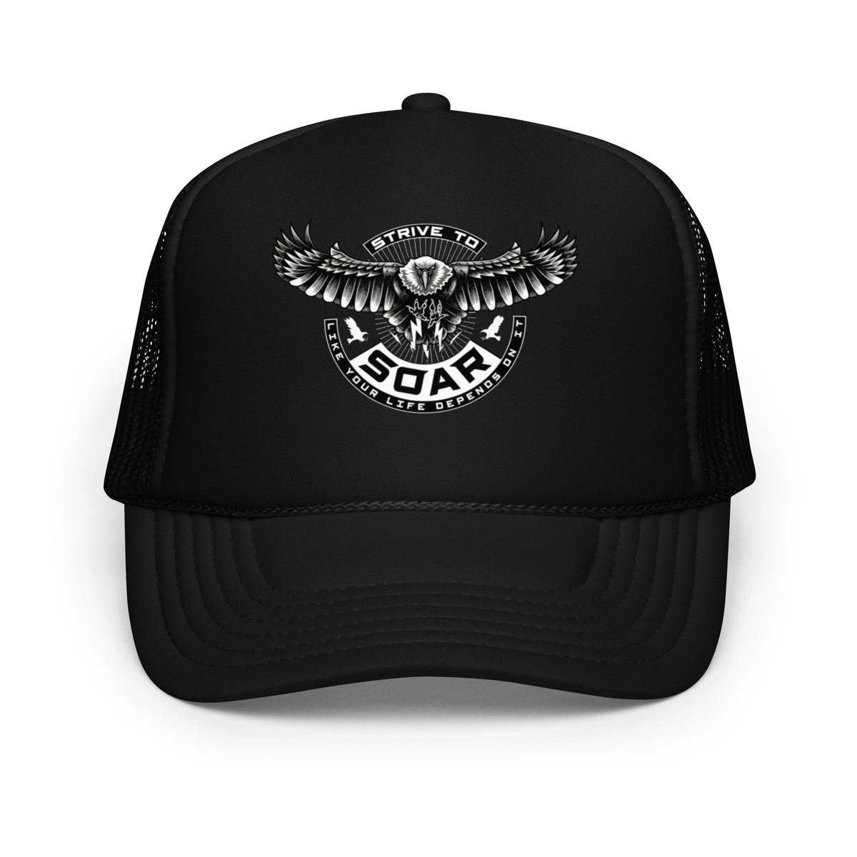 STRIVE TO SOAR Foam Trucker Hat – Solid in black, front view