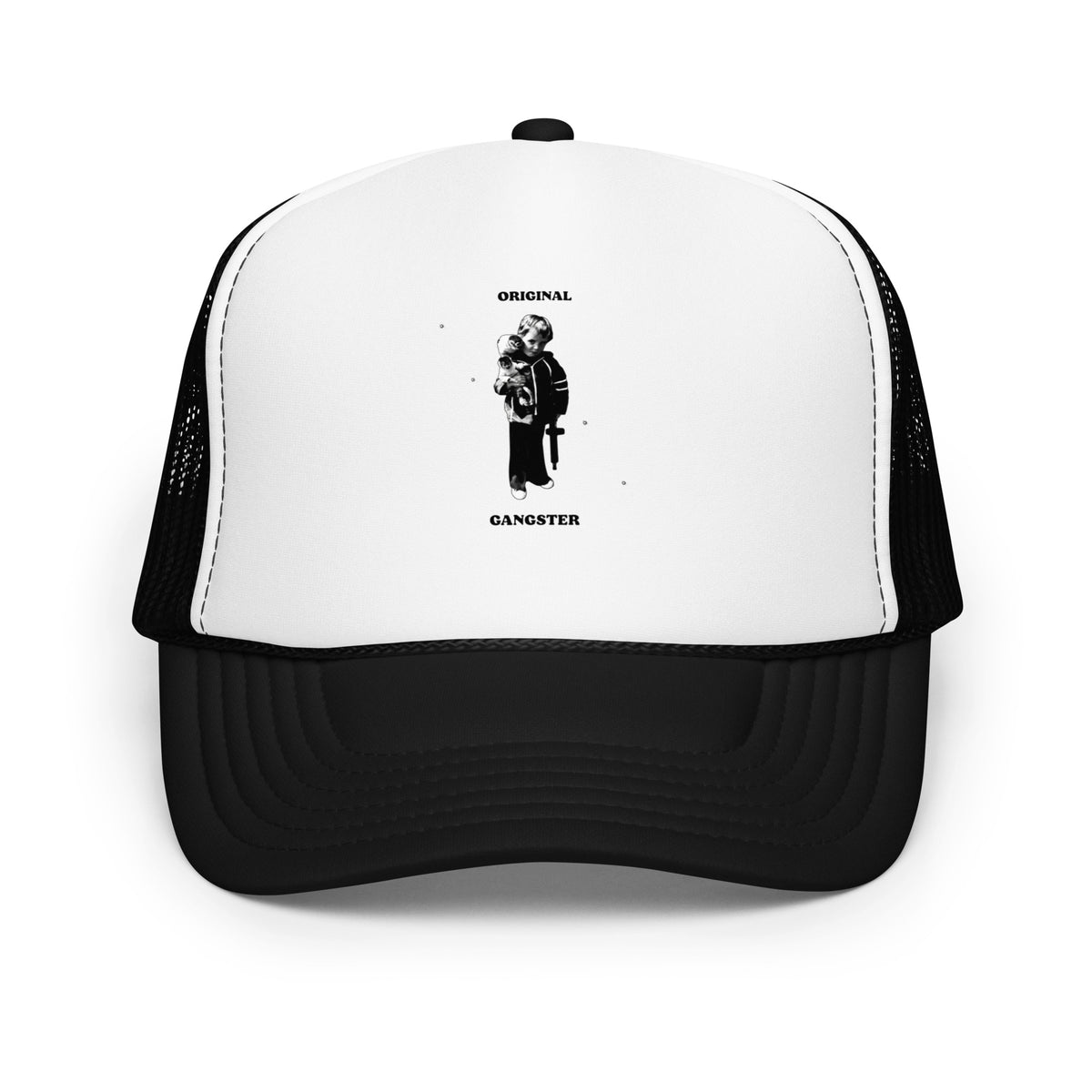 ORIGINAL GANGSTER foam trucker hat in Black / White / Black, front view