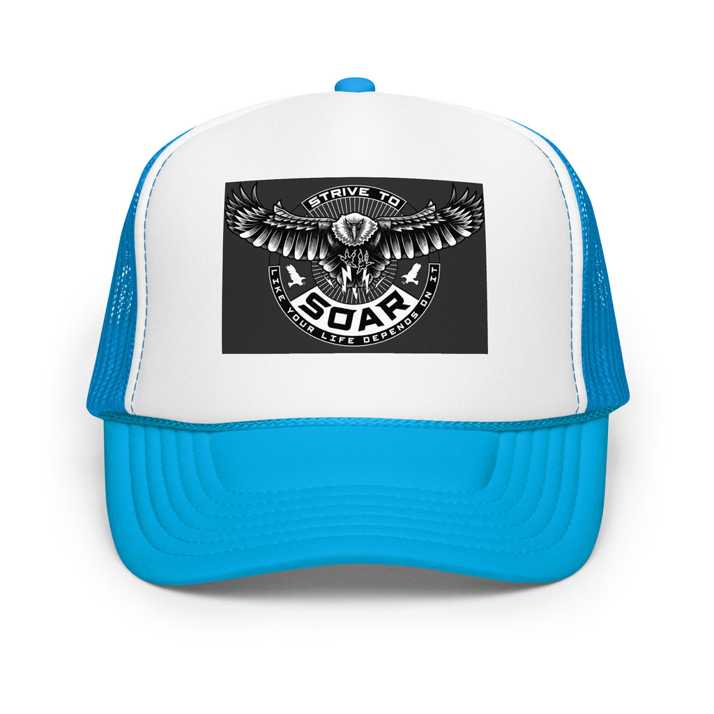 STRIVE TO SOAR Foam Trucker Hat – Two-Tone in Blue / White / Blue, front view