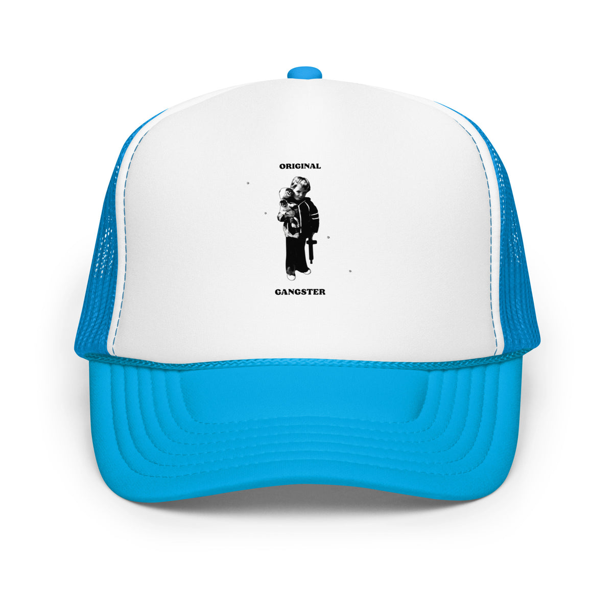 ORIGINAL GANGSTER foam trucker hat in Blue / White / Blue, front view