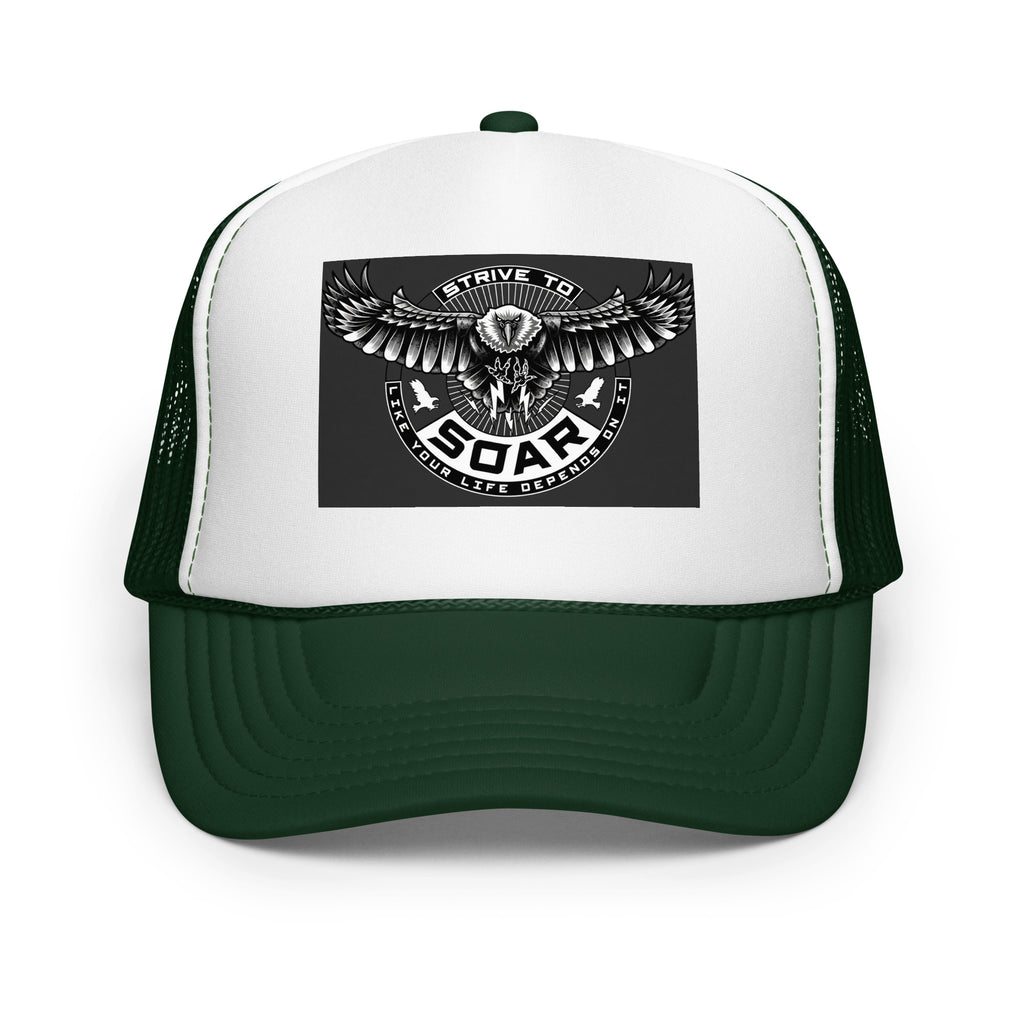 STRIVE TO SOAR Foam Trucker Hat – Two-Tone in Dark green / White / Dark green, front view