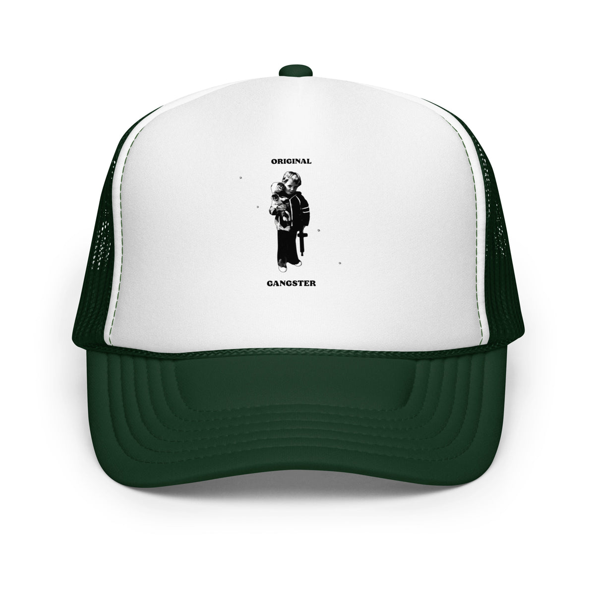 ORIGINAL GANGSTER foam trucker hat in Dark green / White / Dark green, front view