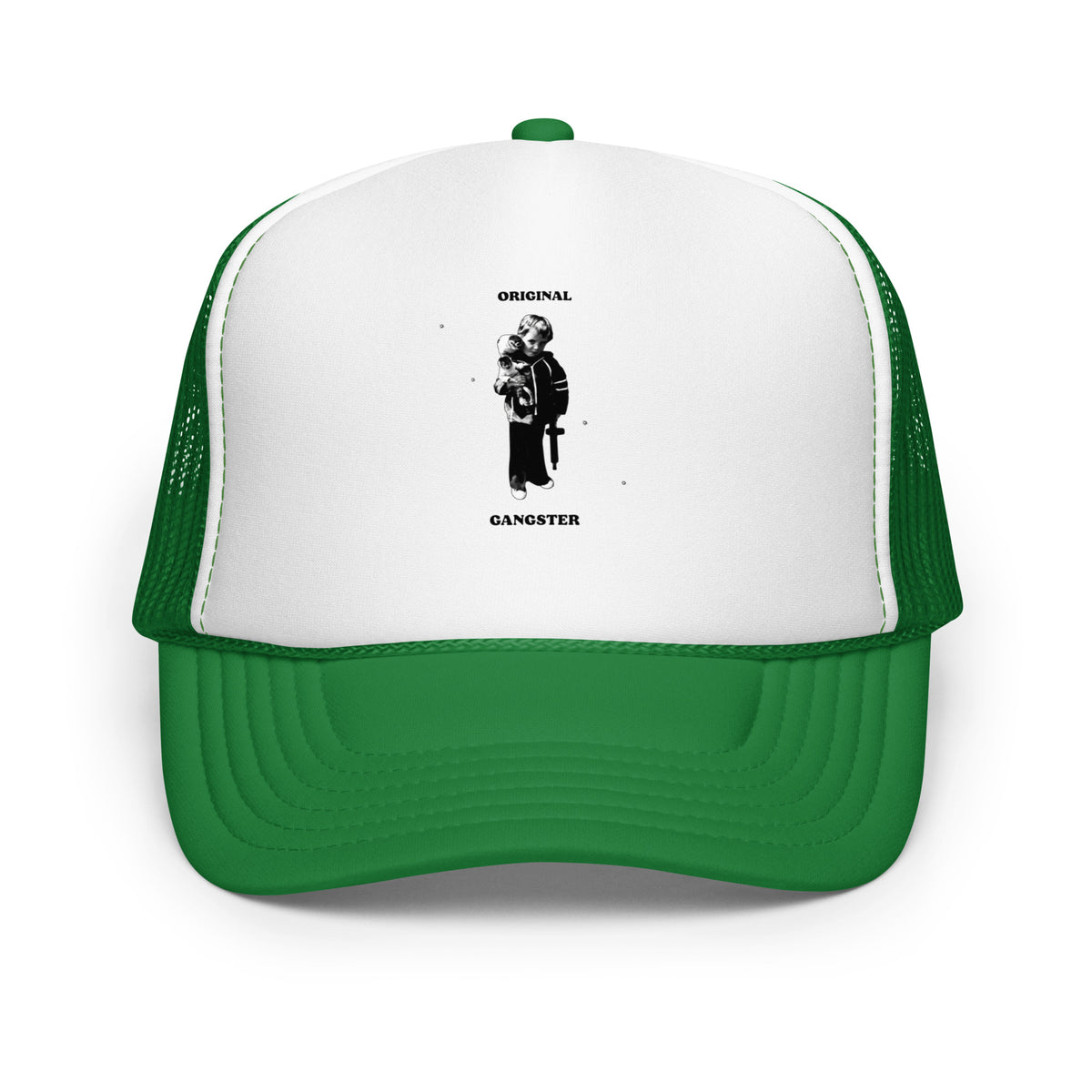 ORIGINAL GANGSTER foam trucker hat in Kelly / White / Kelly, front view