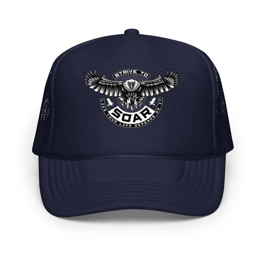 STRIVE TO SOAR Foam Trucker Hat – Solid in navy, front view
