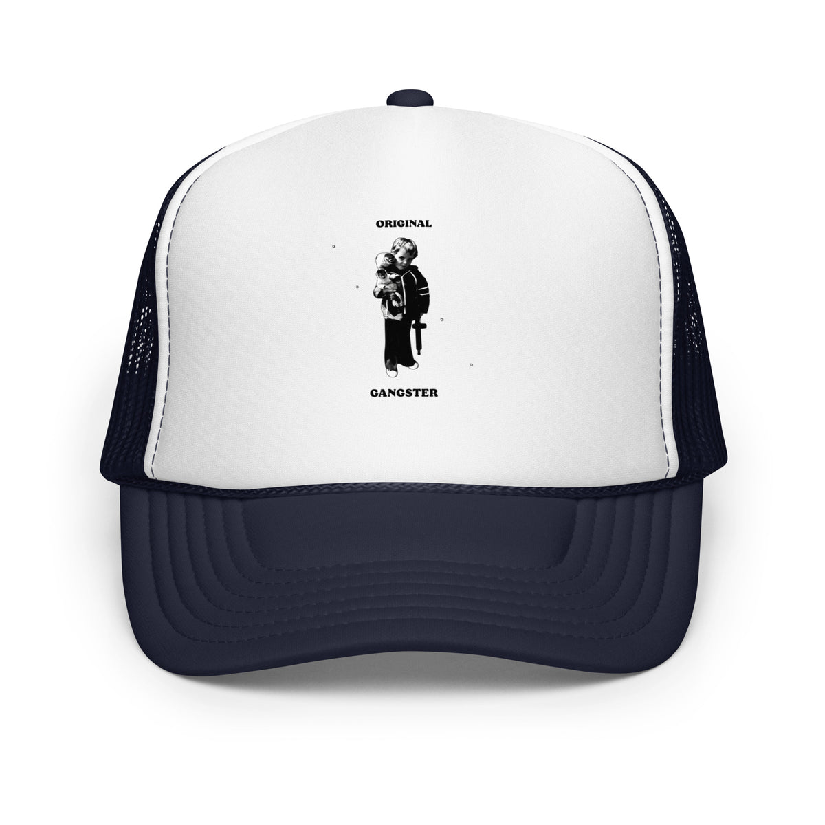 ORIGINAL GANGSTER foam trucker hat in Navy / White / Navy, front view