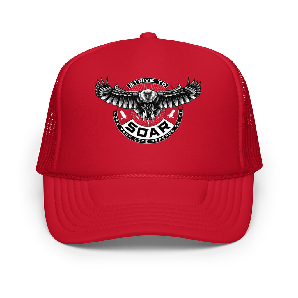 STRIVE TO SOAR Foam Trucker Hat – Solid in red, front view