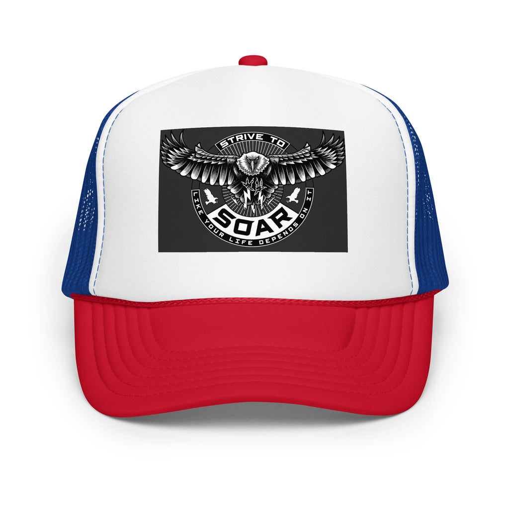 STRIVE TO SOAR Foam Trucker Hat – Two-Tone in Red / White / Royal, front view