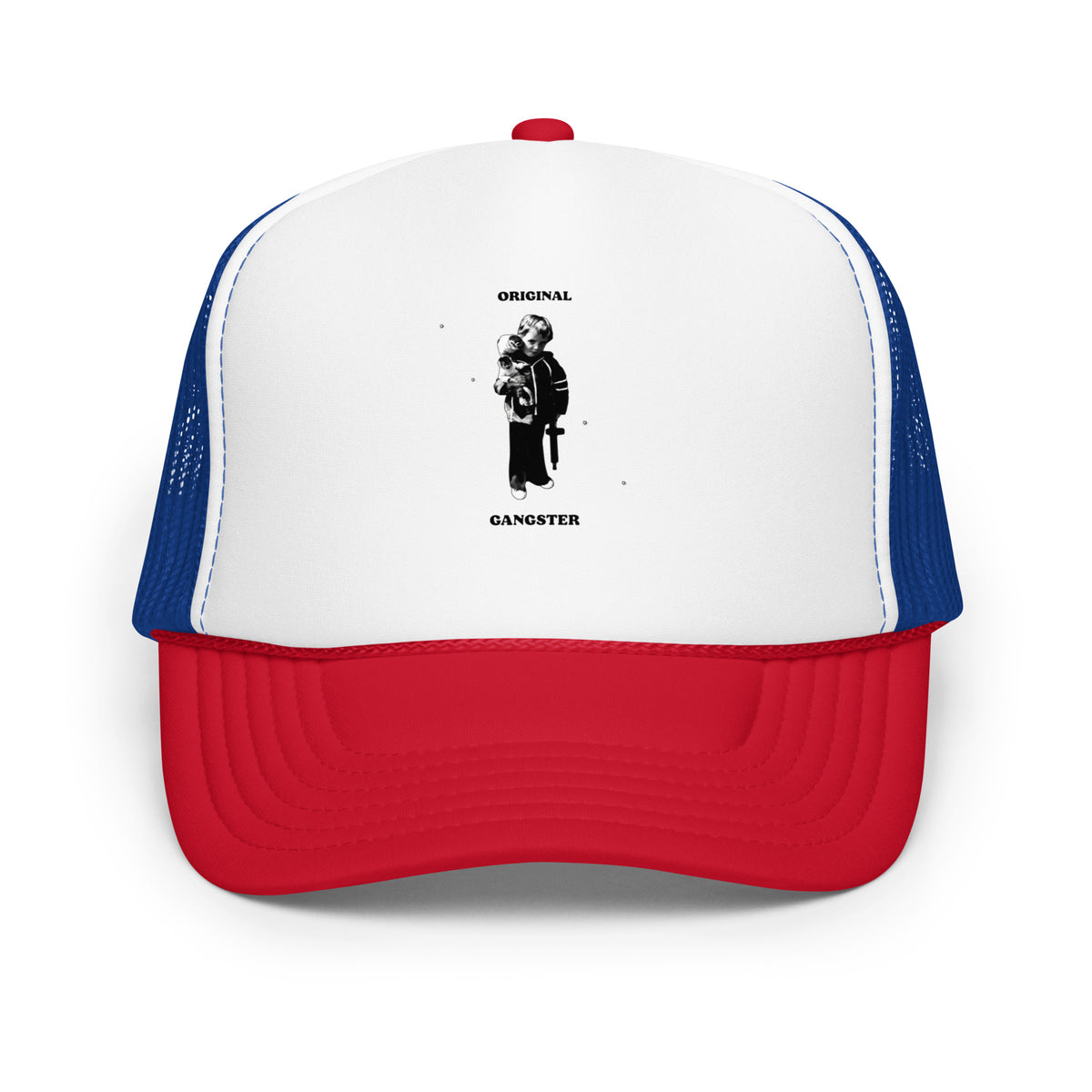 ORIGINAL GANGSTER foam trucker hat in Red / White / Royal, front view