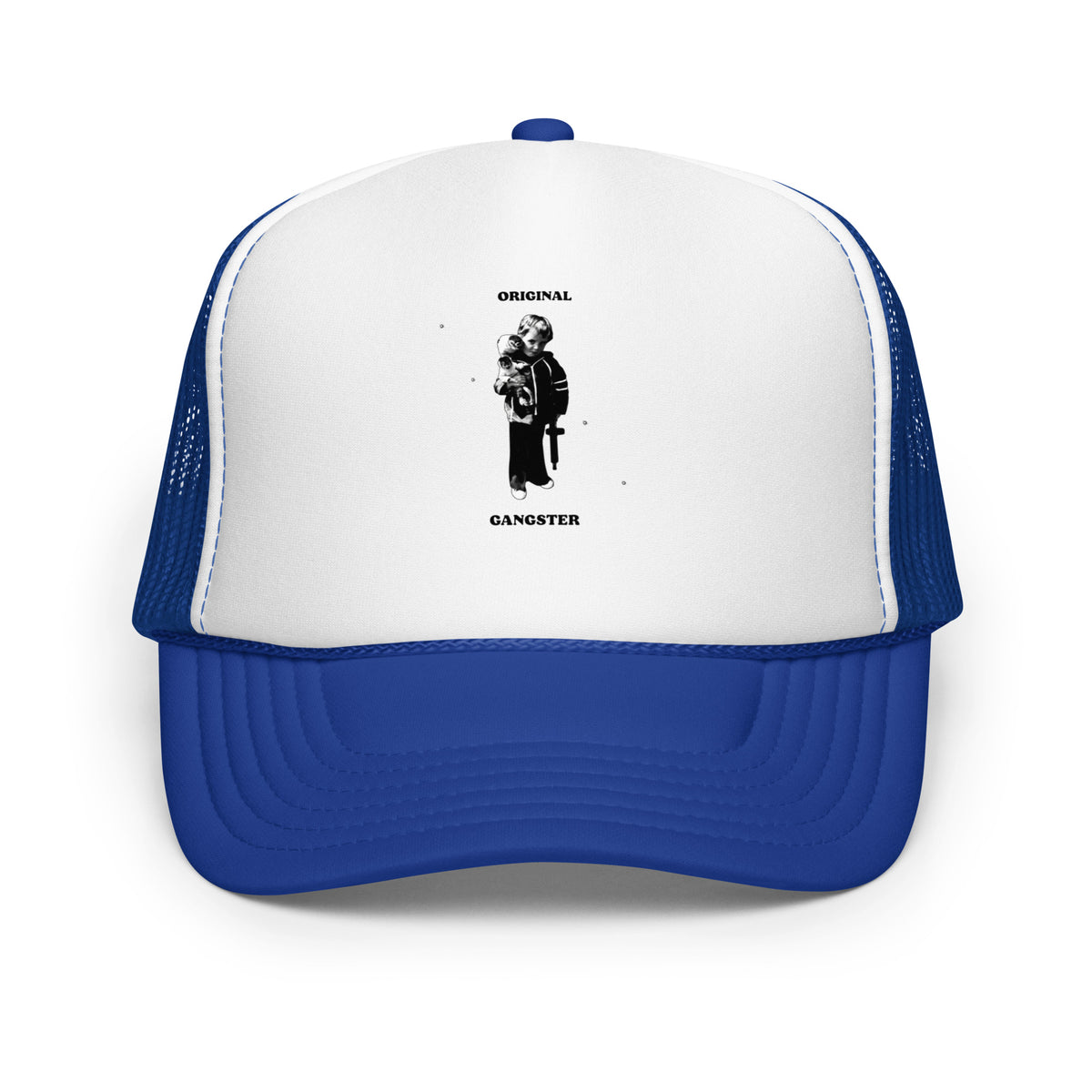 ORIGINAL GANGSTER foam trucker hat in Royal / White / Royal, front view