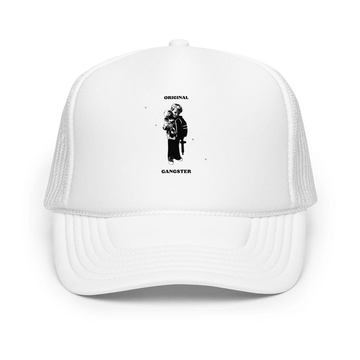 ORIGINAL GANGSTER foam trucker hat in white, front view