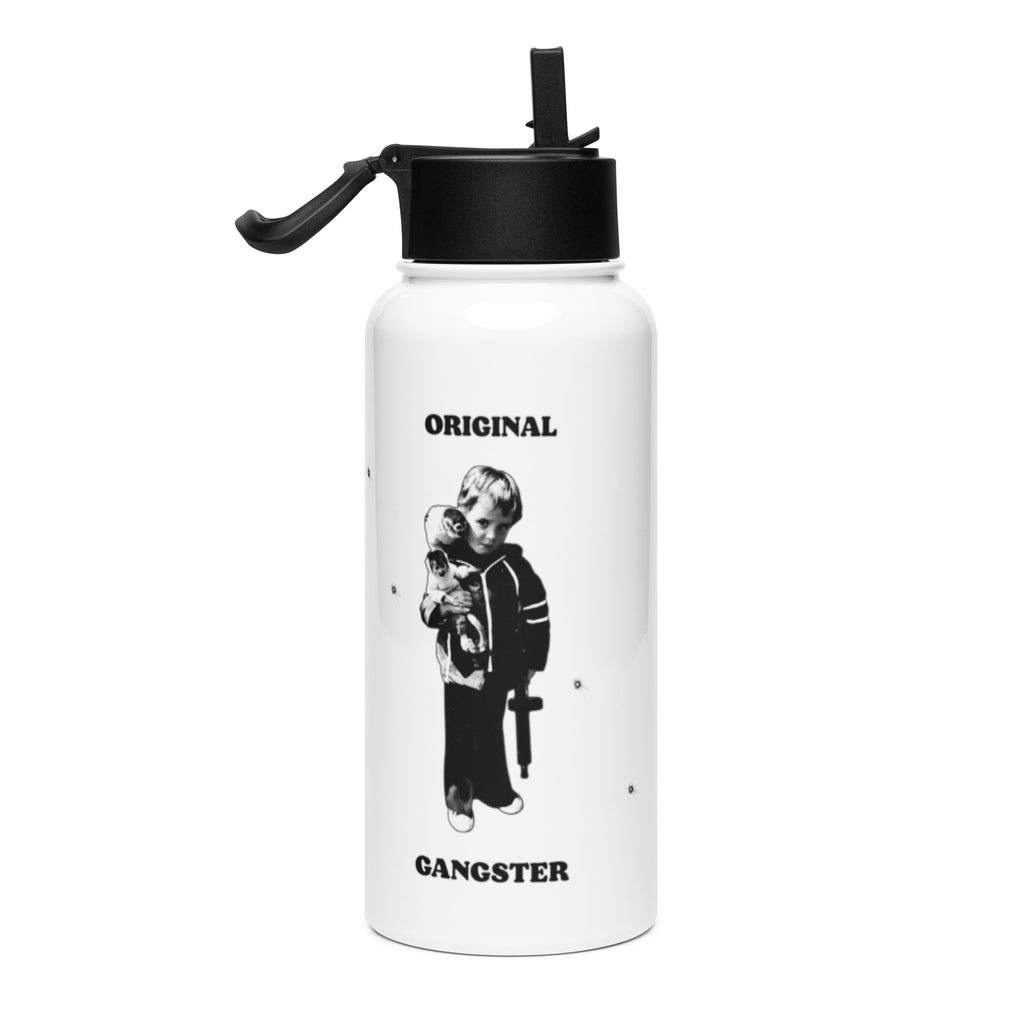 ORIGINAL GANGSTER stainless steel water bottle with a straw lid in white, right view