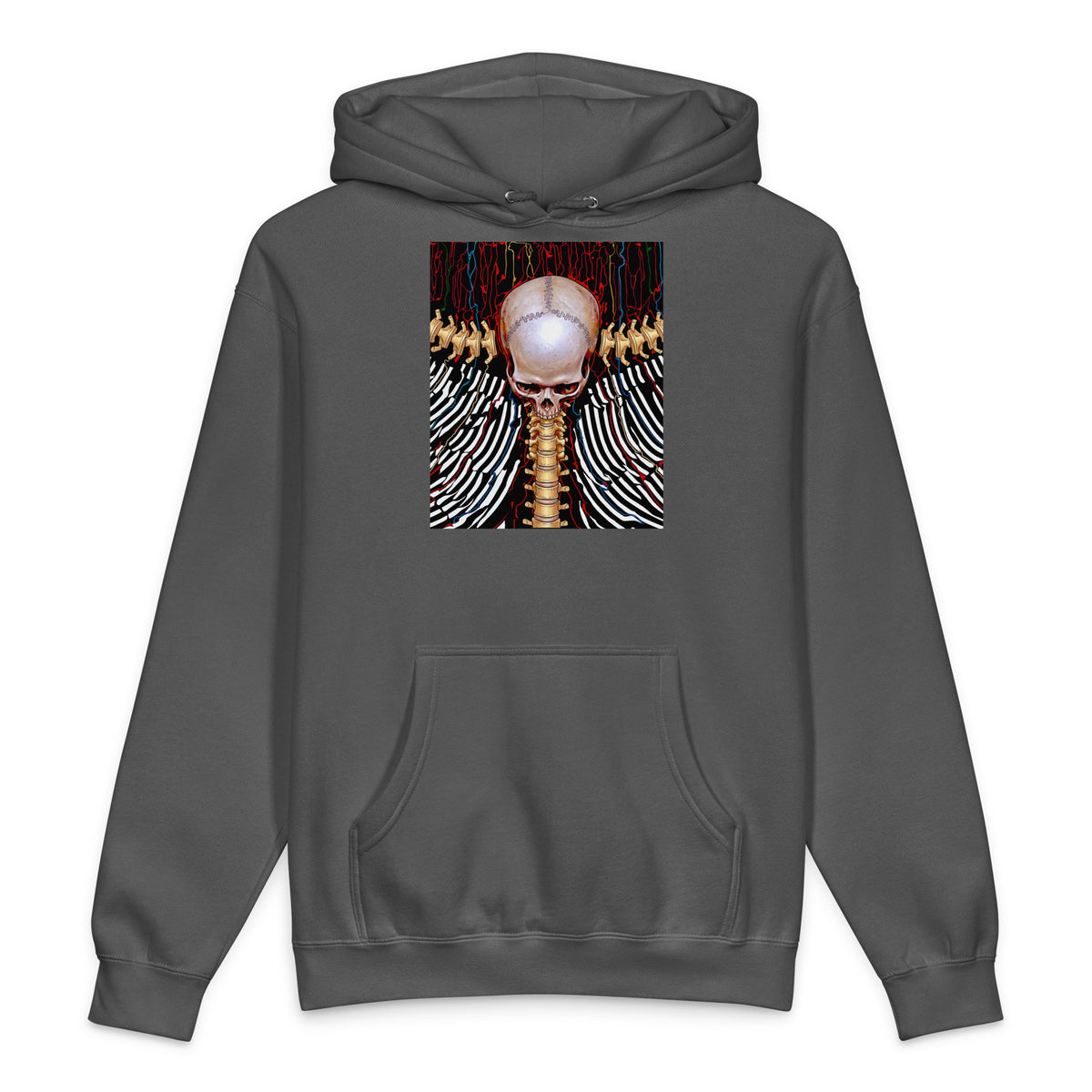 REDUCTION unisex Heavyweight Hooded Sweatshirt in charcoal solid, front view