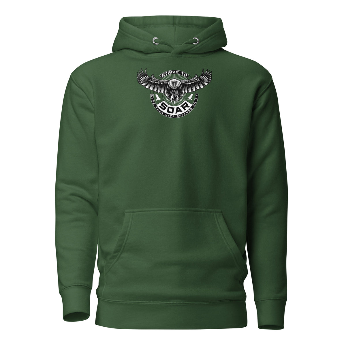 STRIVE TO SOAR unisex Hoodie in forest green, front view