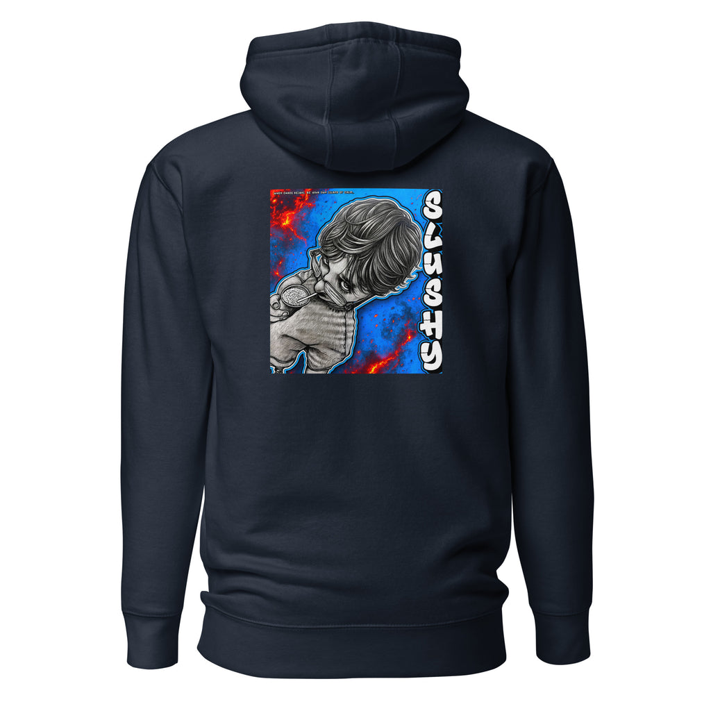 SLUSHY unisex Hoodie in navy blazer, back view