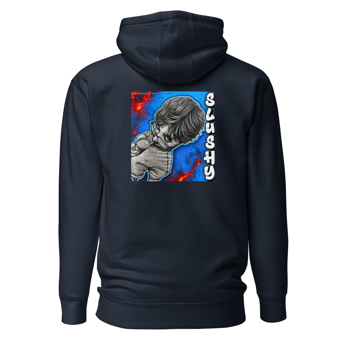 SLUSHY unisex Hoodie in navy blazer, back view