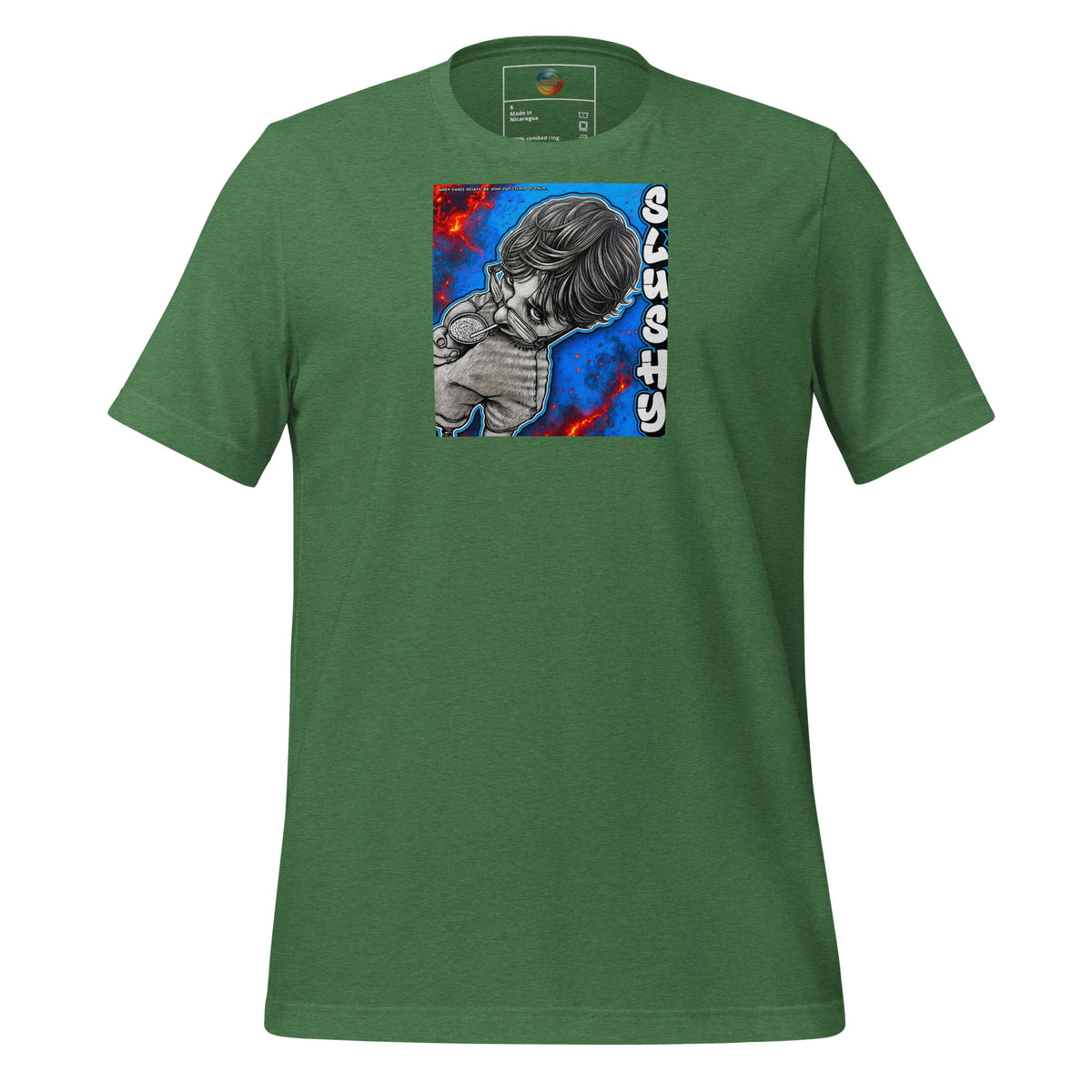 SLUSHY unisex t-shirt in heather grass green, front view