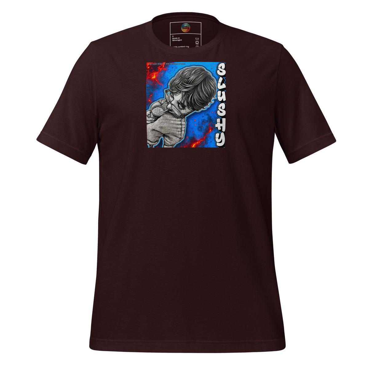 SLUSHY unisex t-shirt in oxblood black, front view