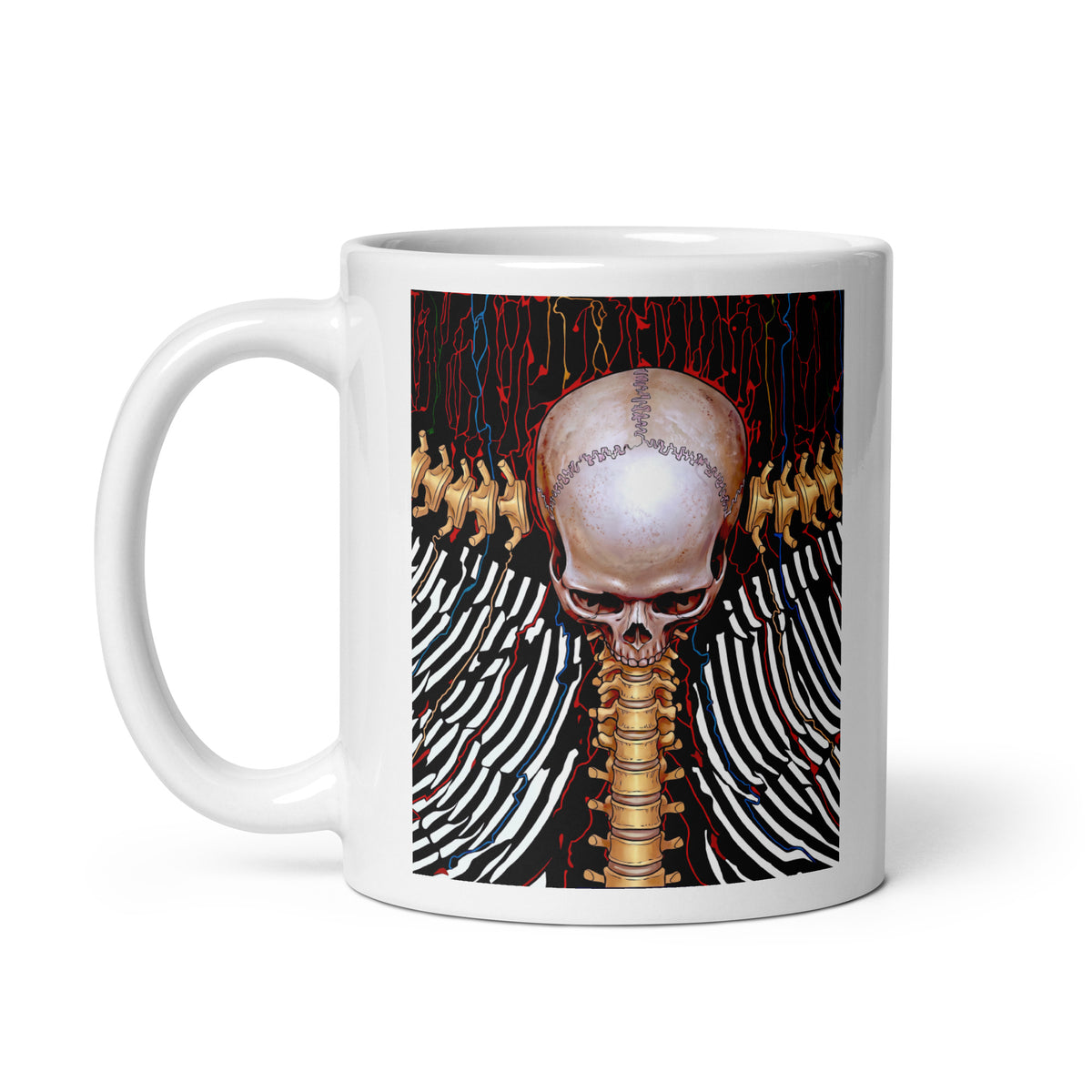 REDUCTION white glossy mug in white, handle-on-left view